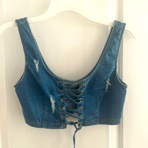 Denim tie front crop top